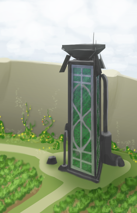 A black tower shaped like a narrow triangular prism with a funnel-like structure on top and various pipes and tech coming out the sides. In each of the three faces are tall windows through which lush plant life are visible. Each window has support grids with patterns reminiscent of DNA or leaves. The tower stands surrounded by crops and paths within a very tall, featureless, curved concrete wall, on which climbing plants are growing near the base. It is a cloudy day.