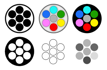 Six variations on a logo. All of them have seven circles arranged with one circle in the center and the other six surrounding it. Some of them have these seven circles encircled by a ring or on a solid circular background. Two of them have colours: The central circle is medium grey and the surrounding six circles are clockwise from the top: cyan, green, yellow, red, magenta, and blue. One of the logos is a greyscale version of these colours, the rest are stark black and white, including the one on the top left.