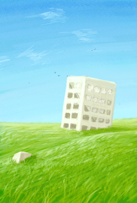 a digital painting of rolling hills covered in green grass under an open blue sky, a building made out of pale concrete is embedded into the ground at a slight angle. the building resembles a block of flats with no windows and it's hollow inside. there are creatures perching on it and flying around, too distant to identify. in the foreground is a smaller chunk of the same pale concrete emerging from the grass.