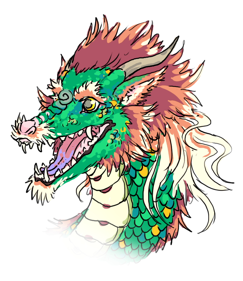 A portrait of a green-scaled eastern dragon in a traditional style, their mouth is open and they have a happy expression